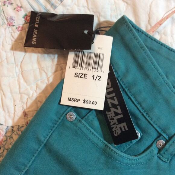 NWT PUZZLE DENIM $98 TEAL CUTOFF JEAN SHORTS 1/2 - Picture 2 of 8